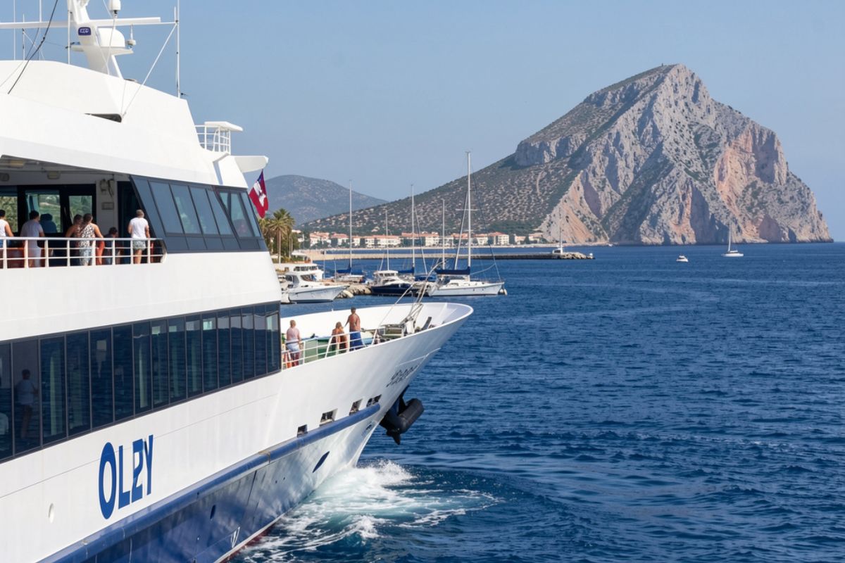 Dettaglio di un traghetto che arriva al porto di Olbia, sullo sfondo la costa e il promontorio di San Teodoro