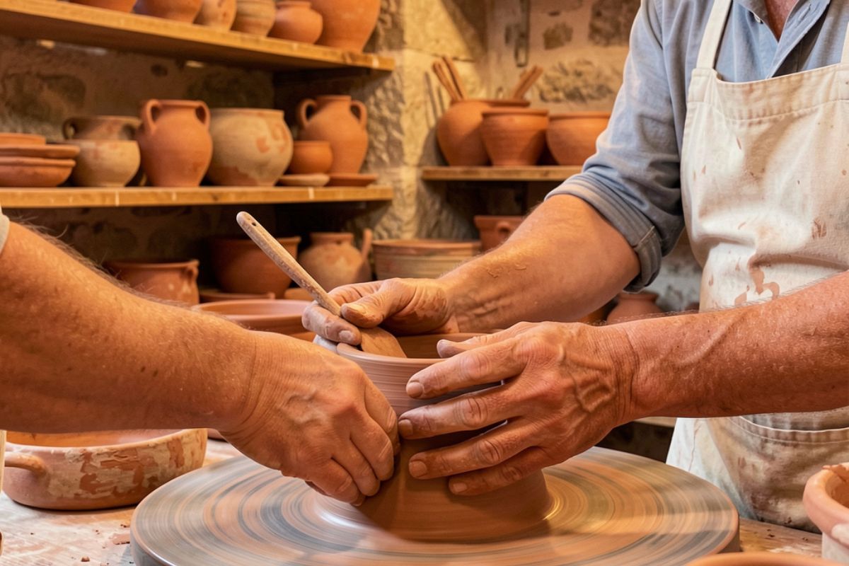 Interno di una bottega artigianale a San Teodoro, dettaglio su mani che modellano la ceramica, atmosfera accogliente e colori caldi