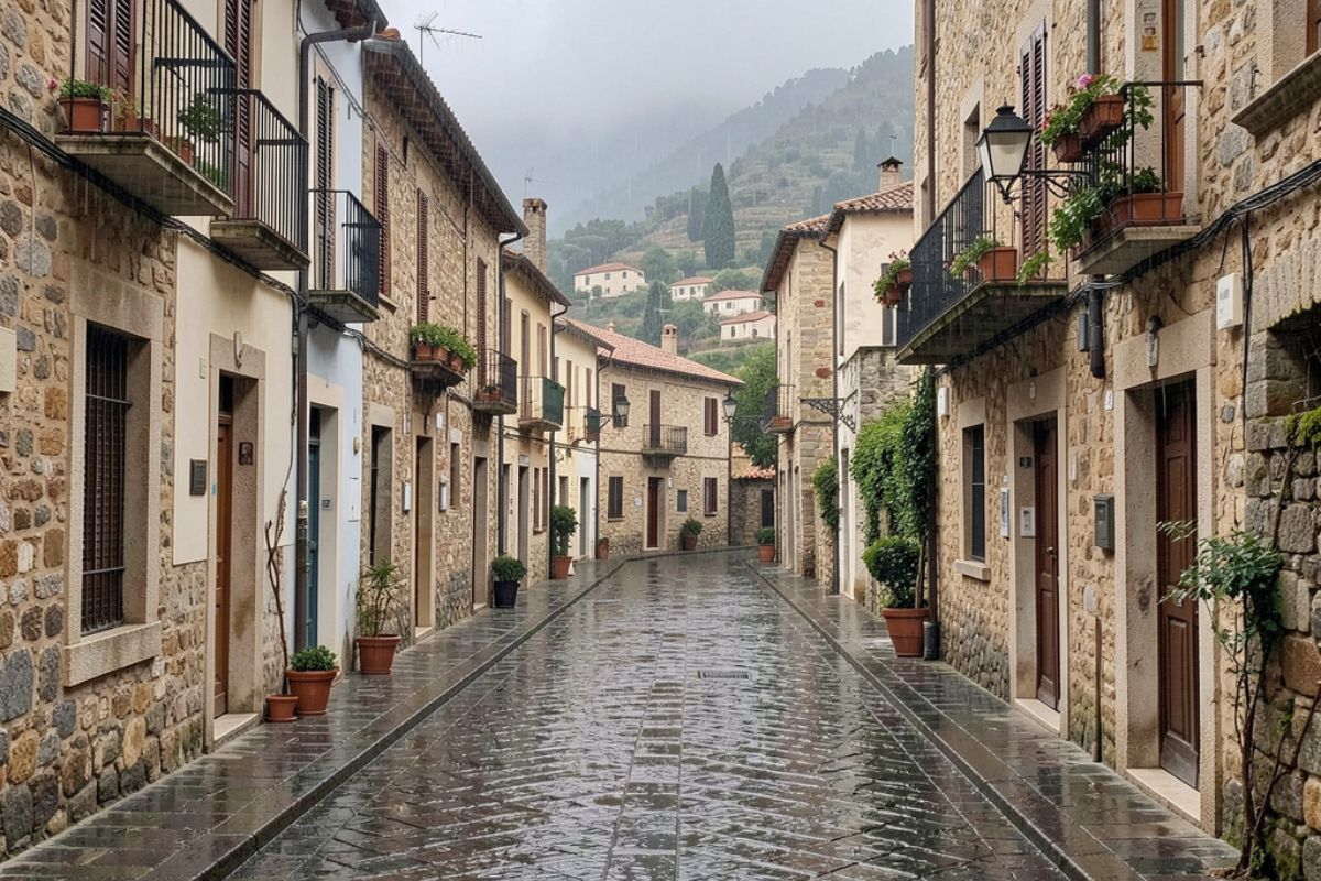 Vista pittoresca del centro storico di San Teodoro in una giornata piovosa, con stradine acciottolate, ombrelli colorati e dettagli architettonici locali
