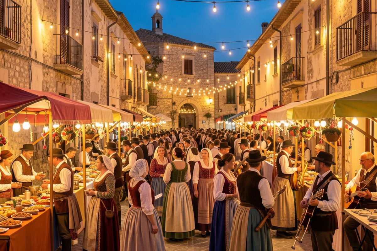 Scorcio del centro storico di San Teodoro durante una festa popolare serale, con luminarie, bancarelle, gente in abiti tradizionali e musicisti locali