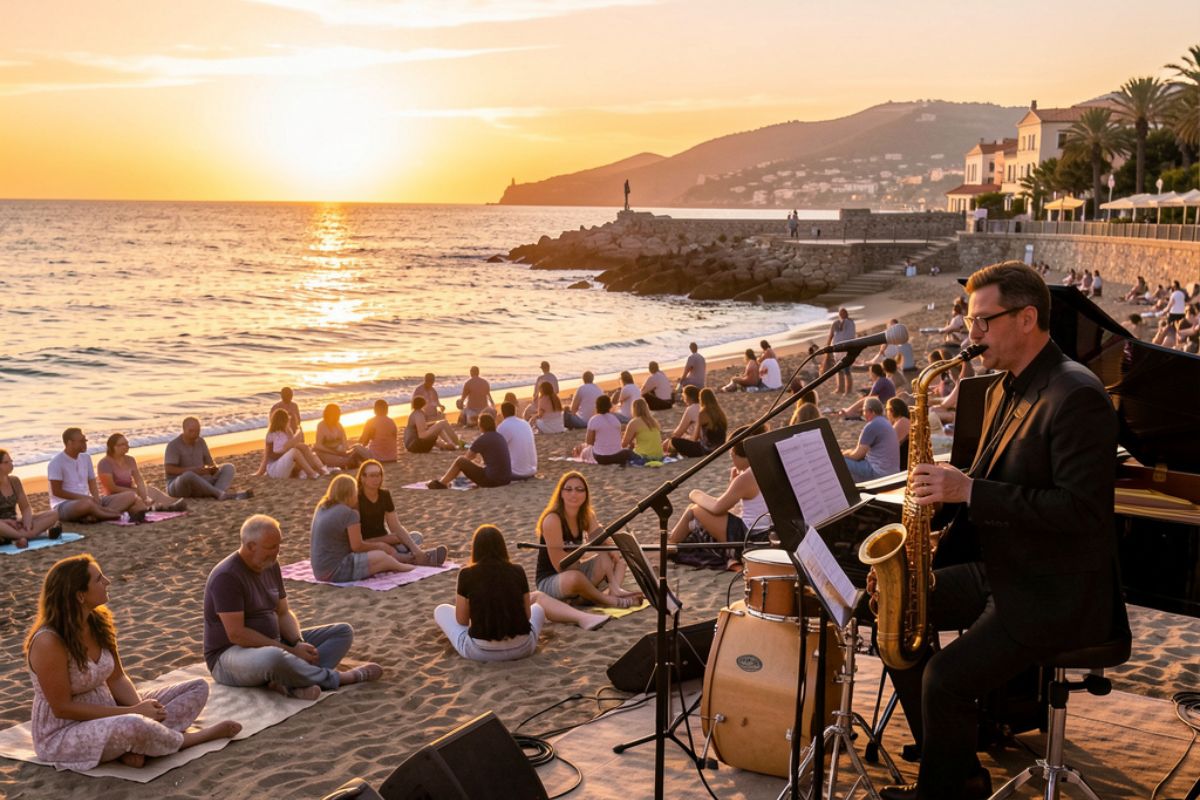 Concerto jazz al tramonto sulla spiaggia di La Cinta a San Teodoro, pubblico seduto sulla sabbia e musicisti in primo piano